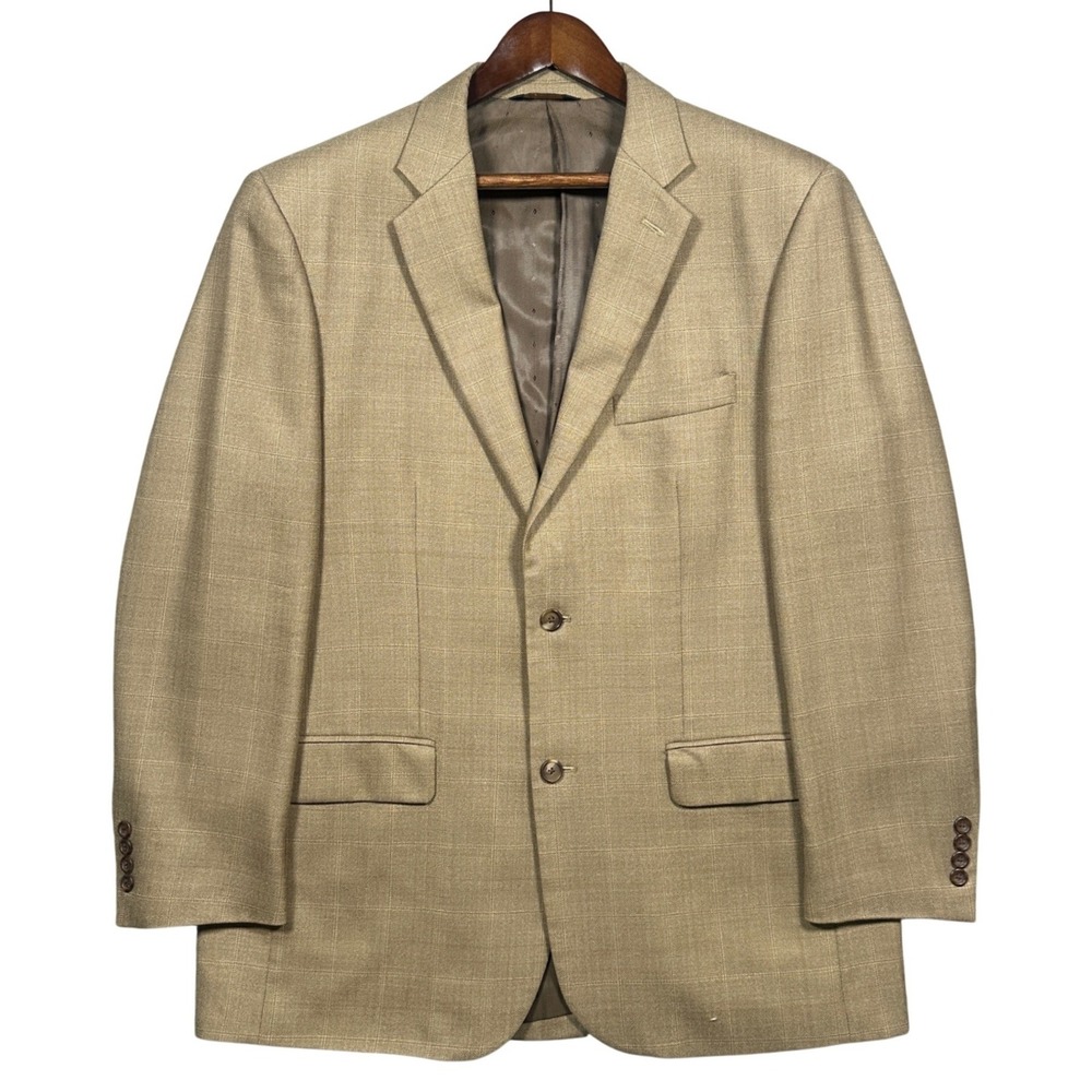 Joseph‎ & Feiss Gold Blazer Mens 44L Tan Glen Plaid Herringbone Sport Coat